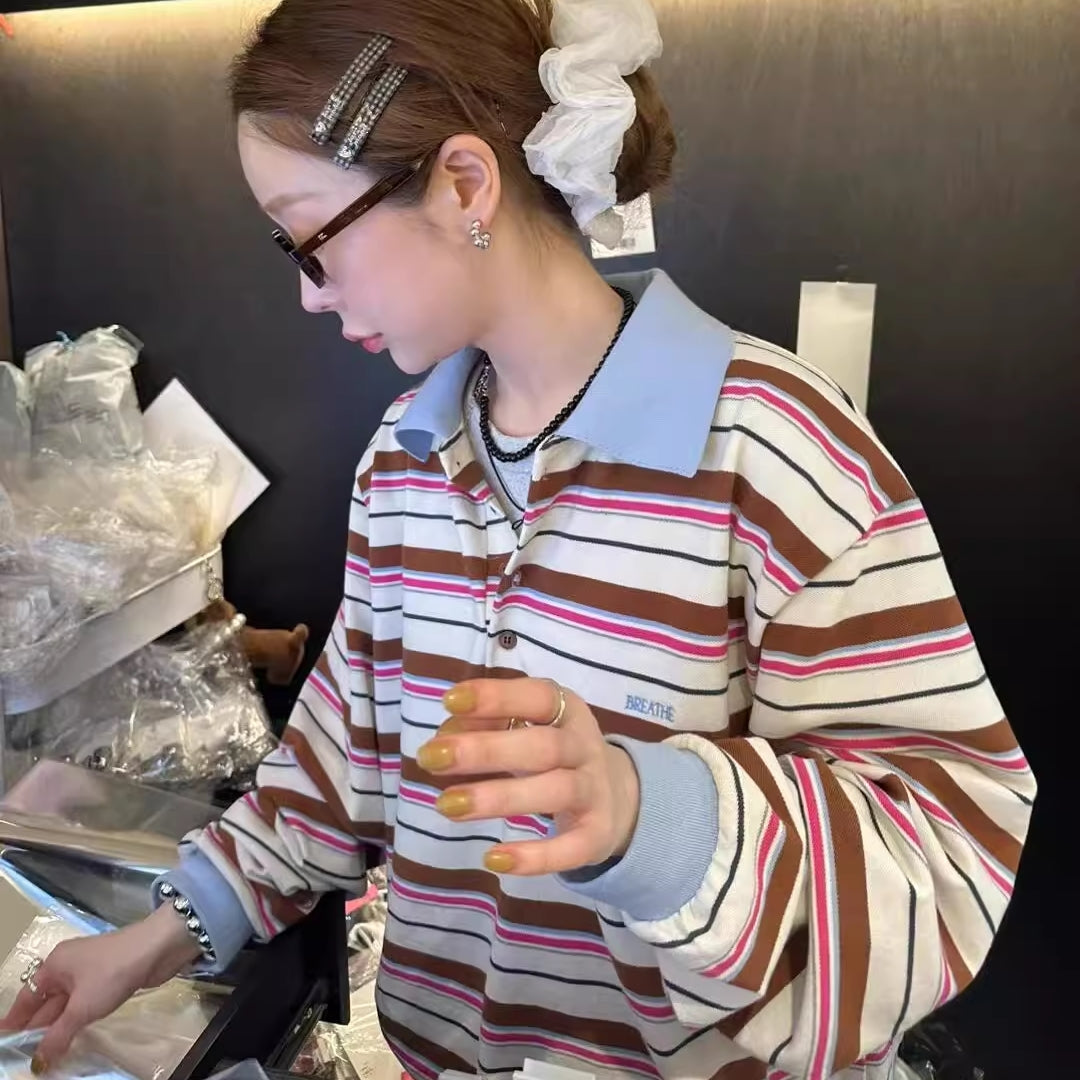ボーダー ポロシャツ 長袖 レディース 韓国 ファッション マルチボーダー ラガーシャツ カットソー 長T 秋トップス ロゴ ワンポイント