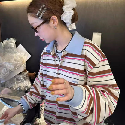 ボーダー ポロシャツ 長袖 レディース 韓国 ファッション マルチボーダー ラガーシャツ カットソー 長T 秋トップス ロゴ ワンポイント