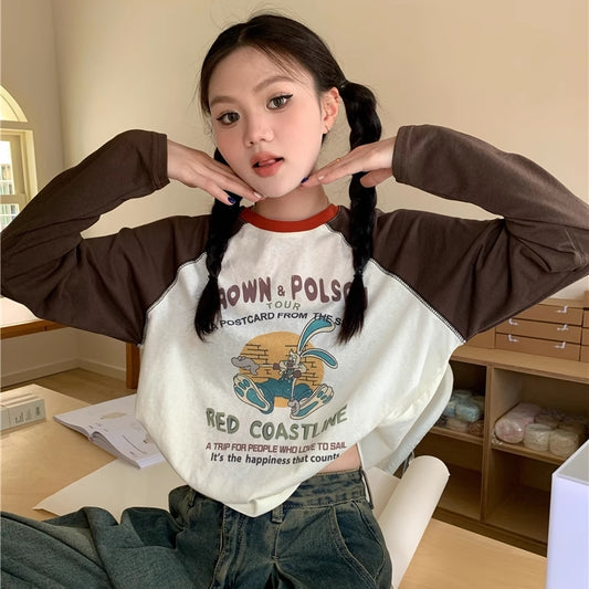 リンガー ロングＴ レディース 韓国 ファッション 長袖 ラグランスリーブ クロップ ロゴ T