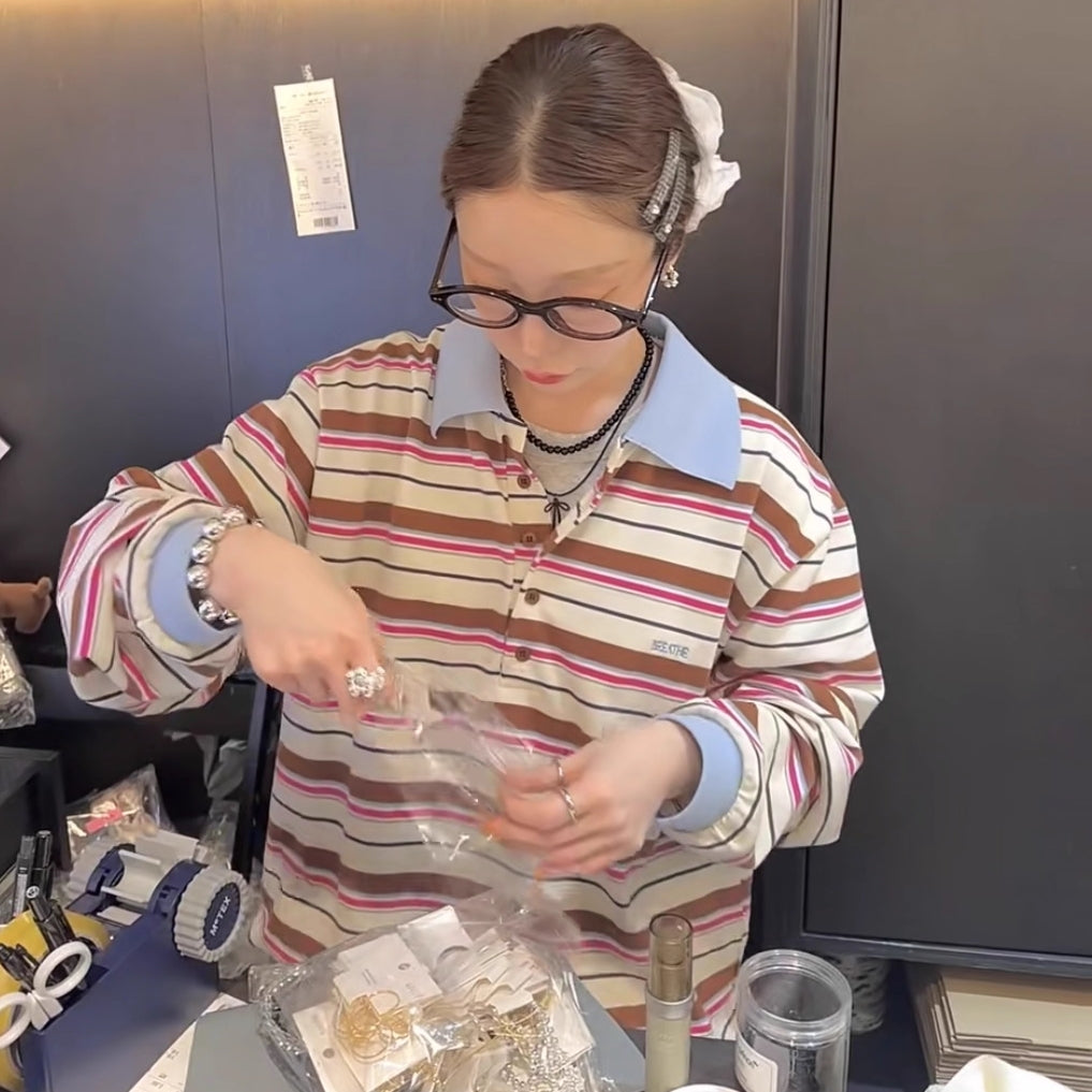 ボーダー ポロシャツ 長袖 レディース 韓国 ファッション マルチボーダー ラガーシャツ カットソー 長T 秋トップス ロゴ ワンポイント