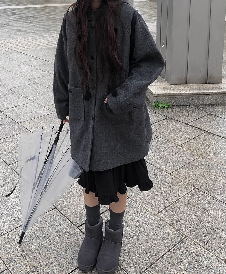 レトロ フード ミドルコート シングルボタン 無地 フード付きウールコート レディース 2025冬 新作 ミドル丈