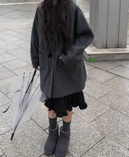 レトロ フード ミドルコート シングルボタン 無地 フード付きウールコート レディース 2025冬 新作 ミドル丈