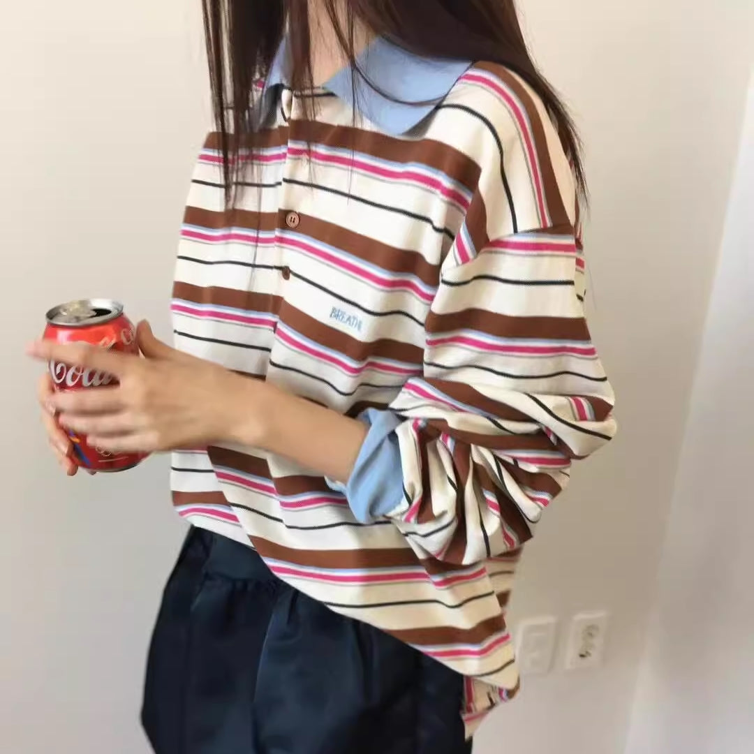 ボーダー ポロシャツ 長袖 レディース 韓国 ファッション マルチボーダー ラガーシャツ カットソー 長T 秋トップス ロゴ ワンポイント