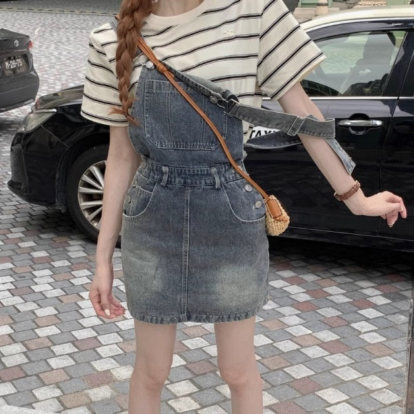 デニム ジャンパースカート ミニ レディース 韓国 ファッション かわいい ユーズド加工 デニム オーバーオール