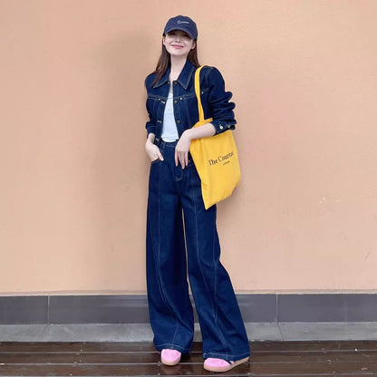デニム セットアップ レディース 韓国 ファッション デニムジャケット デニムパンツ インディゴ ジーンズ ワイドパンツ