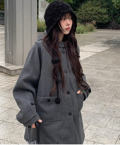 レトロ フード ミドルコート シングルボタン 無地 フード付きウールコート レディース 2025冬 新作 ミドル丈