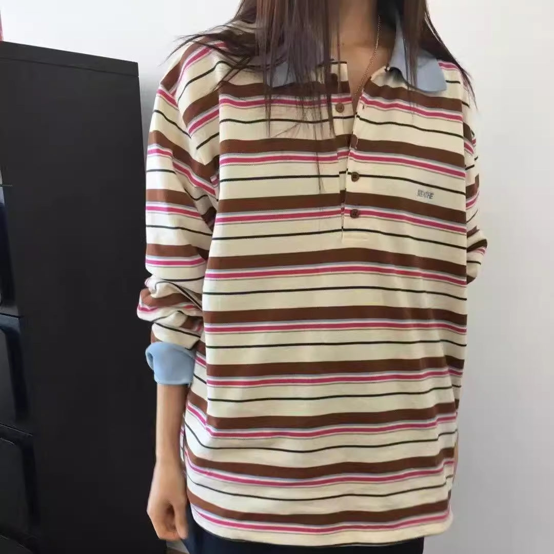 ボーダー ポロシャツ 長袖 レディース 韓国 ファッション マルチボーダー ラガーシャツ カットソー 長T 秋トップス ロゴ ワンポイント
