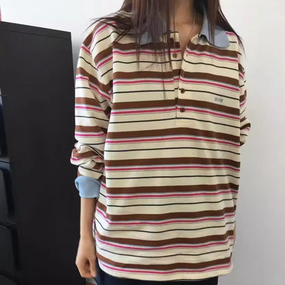 ボーダー ポロシャツ 長袖 レディース 韓国 ファッション マルチボーダー ラガーシャツ カットソー 長T 秋トップス ロゴ ワンポイント