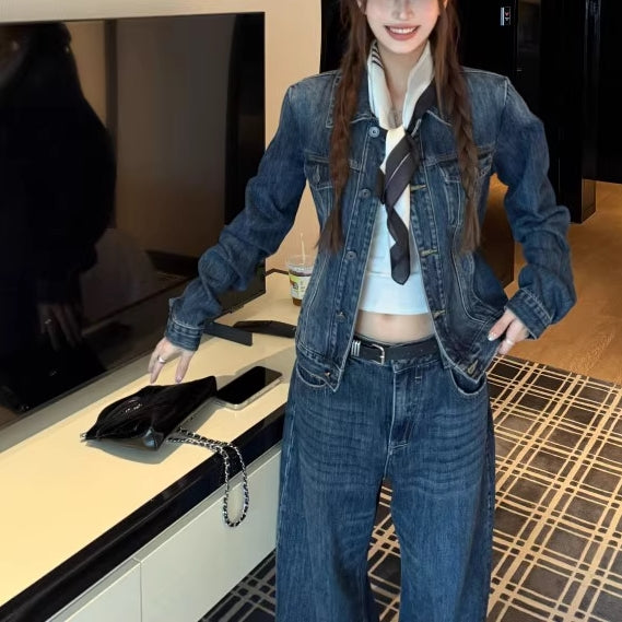 デニム セットアップ レディース 韓国 ファッション Gジャン デニムパンツ デニムジャケット  インディゴ レトロ ユーズド加工 ダメージ ジーンズ 上下セット