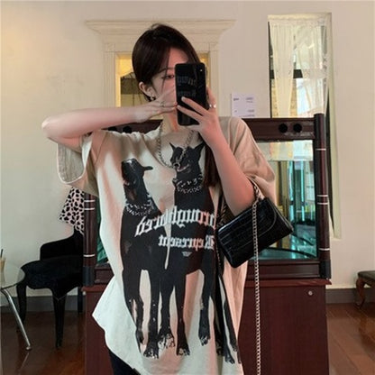 グラフィック Tシャツ レディース 韓国 ファッション アニマル プリント tシャツ ワイルド オーバーサイズ ビッグT