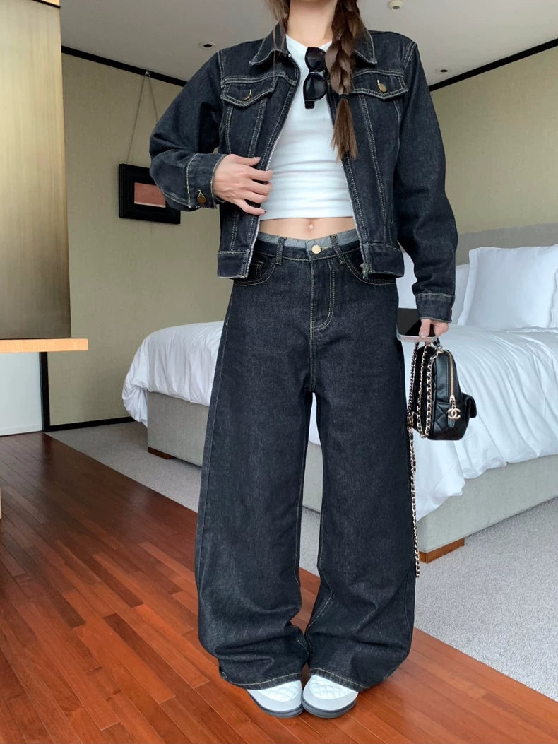 レトロ デニム セットアップ レディース 韓国 ファッション デニムジャケット 選べる ショートパンンツ&ワイドパンツ 上下セット