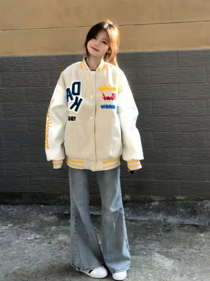 ロゴ スタジャン レディース 韓国 ファッション オーバーサイズ スタジアム ジャンパー