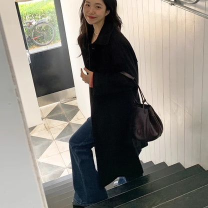 ロングコート レディース 韓国 ファッション 上品 清楚 ウール調 ブラックコート