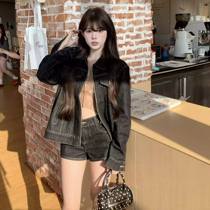 デニム セットアップ ショートパンツ レディース 韓国 ファッション レトロ デニム ジップジャケット デニム ショートパンツ 2点セット