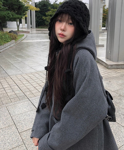 レトロ フード ミドルコート シングルボタン 無地 フード付きウールコート レディース 2025冬 新作 ミドル丈