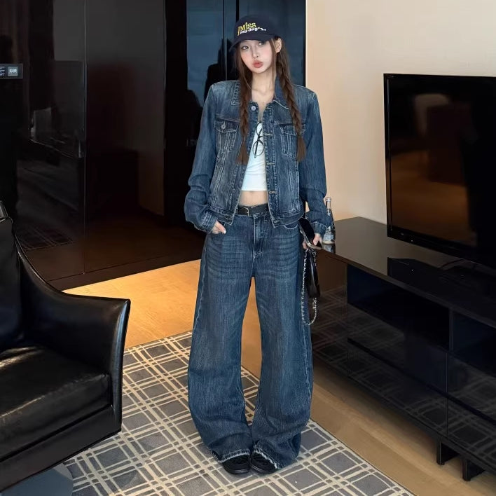 デニム セットアップ レディース 韓国 ファッション Gジャン デニムパンツ デニムジャケット  インディゴ レトロ ユーズド加工 ダメージ ジーンズ 上下セット