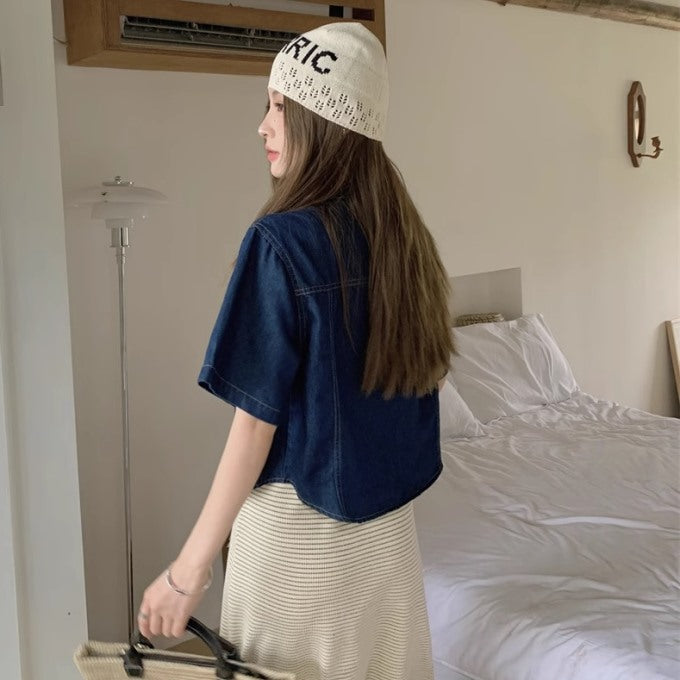 クロップド デニム ジャケット レディース 韓国 ファッション 半袖 ショート デニム シャツジャケット 夏