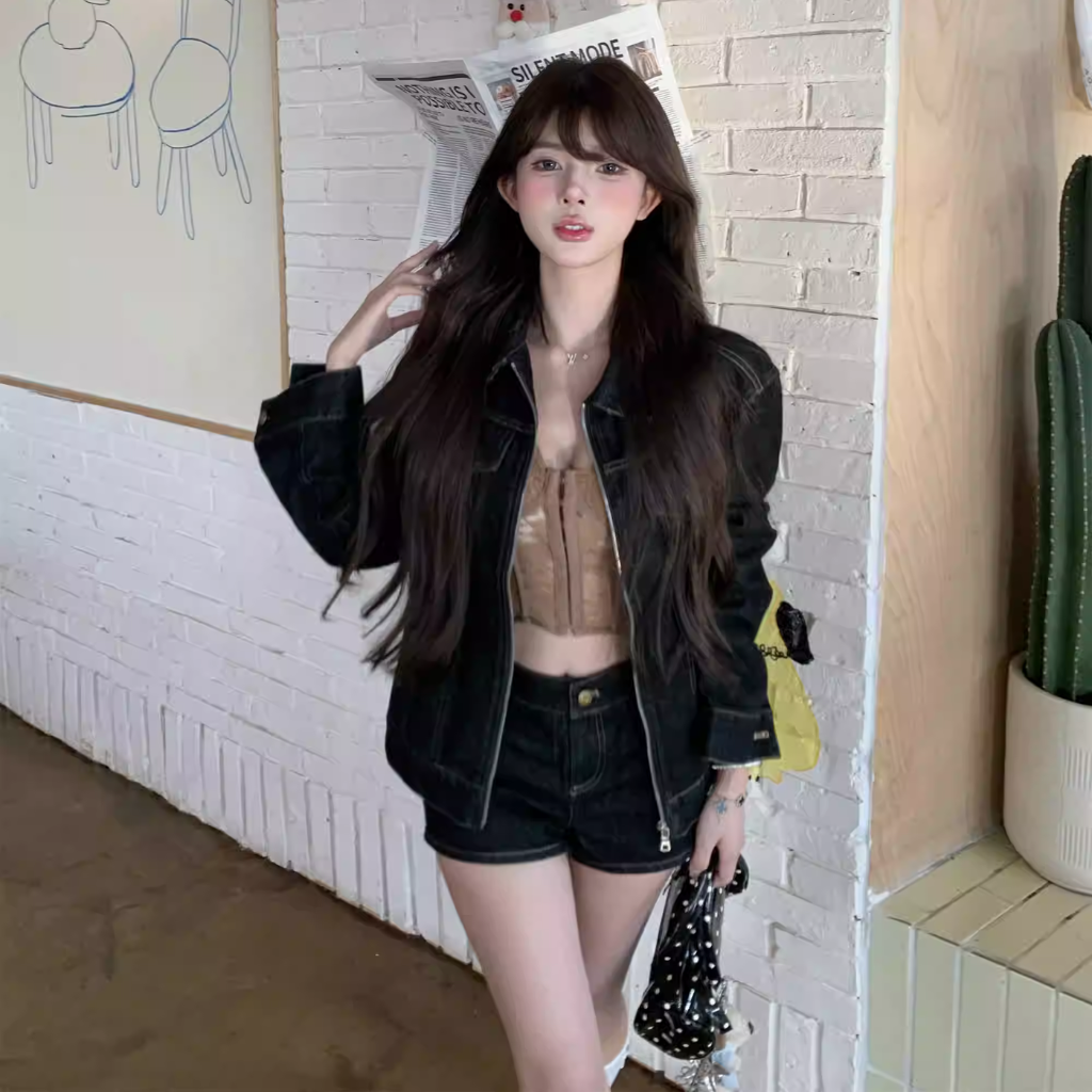 デニム セットアップ ショートパンツ レディース 韓国 ファッション レトロ デニム ジップジャケット デニム ショートパンツ 2点セット