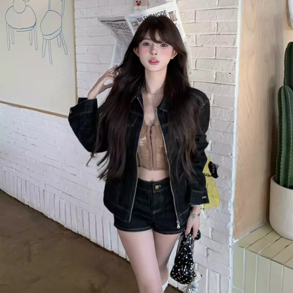 デニム セットアップ ショートパンツ レディース 韓国 ファッション レトロ デニム ジップジャケット デニム ショートパンツ 2点セット