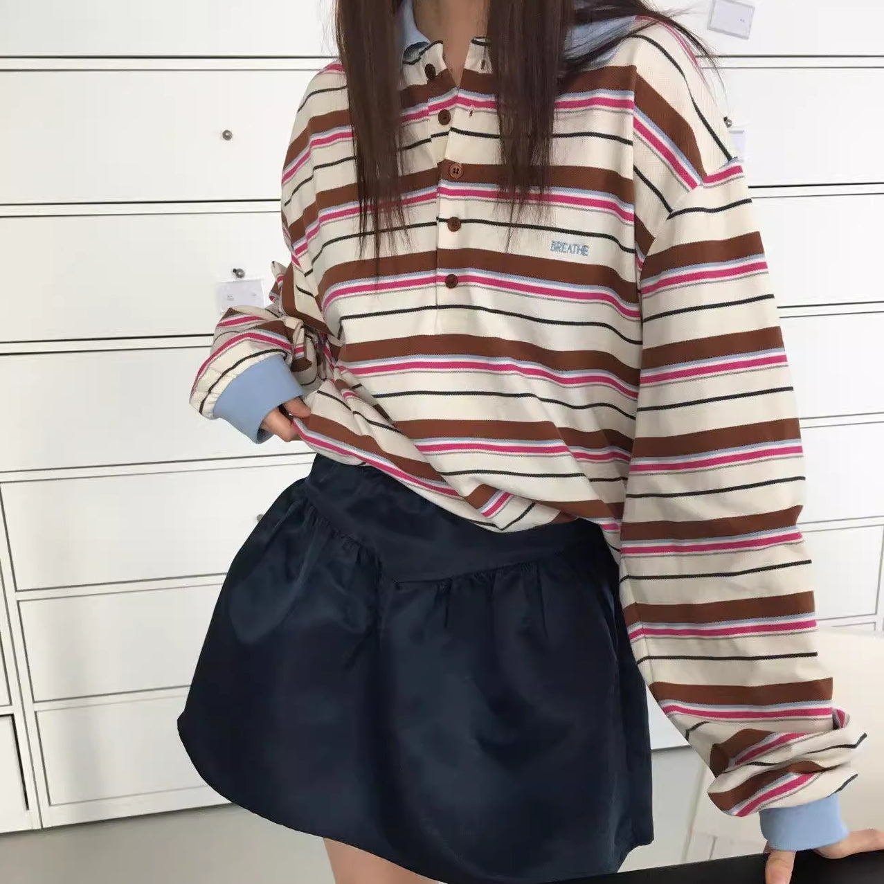 ボーダー ポロシャツ 長袖 レディース 韓国 ファッション マルチボーダー ラガーシャツ カットソー 長T 秋トップス ロゴ ワンポイント