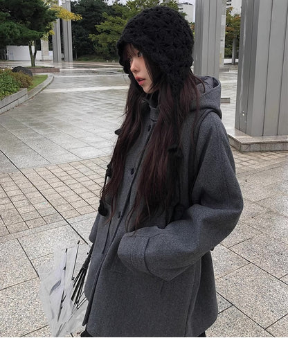 レトロ フード ミドルコート シングルボタン 無地 フード付きウールコート レディース 2025冬 新作 ミドル丈