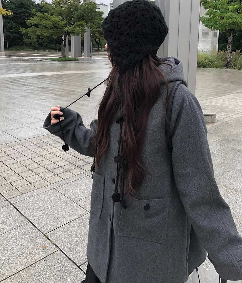 レトロ フード ミドルコート シングルボタン 無地 フード付きウールコート レディース 2025冬 新作 ミドル丈