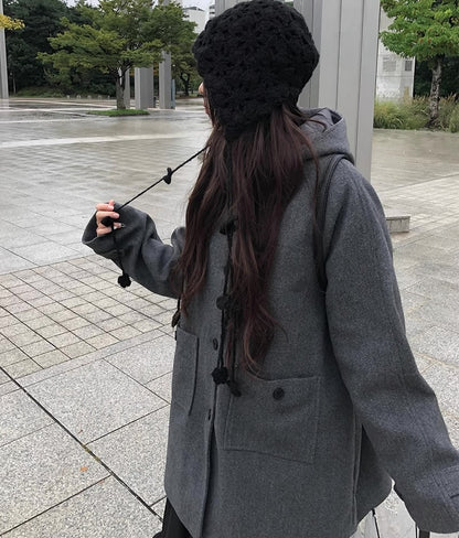 レトロ フード ミドルコート シングルボタン 無地 フード付きウールコート レディース 2025冬 新作 ミドル丈