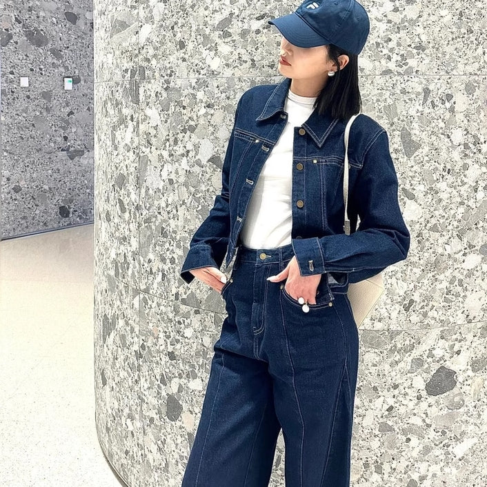 デニム セットアップ レディース 韓国 ファッション デニムジャケット デニムパンツ インディゴ ジーンズ ワイドパンツ