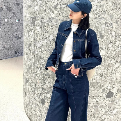デニム セットアップ レディース 韓国 ファッション デニムジャケット デニムパンツ インディゴ ジーンズ ワイドパンツ