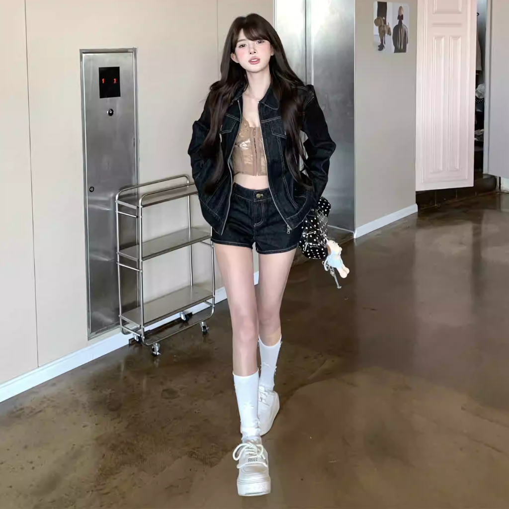 デニム セットアップ ショートパンツ レディース 韓国 ファッション レトロ デニム ジップジャケット デニム ショートパンツ 2点セット