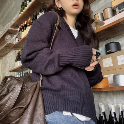Vネック ニット レディース 韓国 ファッション ネイビー オーバーサイズ セーター ベーシック シンプル