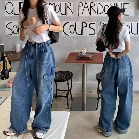 デニム カーゴパンツ レディース 韓国 ファッション サイドポケット ジーンズ ゆったり ワイドパンツ