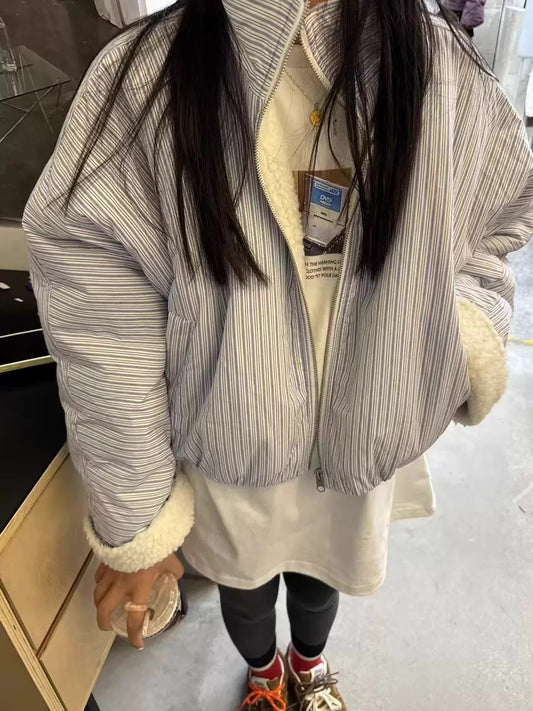 ボア ブルゾン レディース 韓国 ファッション ストライプ チェック 裏ボア オーバーサイズ スタンドネック ジャケット