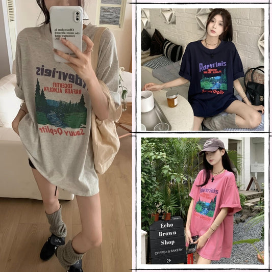 Tシャツ レディース プリント グラフィック T 韓国 ファッション 半袖 夏トップス ビッグシルエット