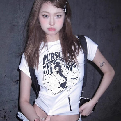 グラフィック Tシャツ レディース 韓国 ファッション クロップド タイトフィット チビT プリント T