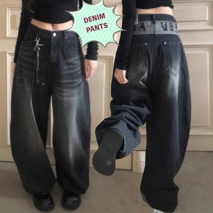 バックロゴ デニム パンツ レディース 韓国 ファッション バレルレッグ ジーンズ ロゴ バックロゴ ワイドパンツ カーブパンツ ブラックデニム アッシュデニム 黒デニム ヴィンテージ バルーン デニム
