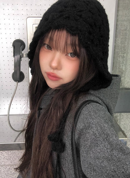 レトロ フード ミドルコート シングルボタン 無地 フード付きウールコート レディース 2025冬 新作 ミドル丈