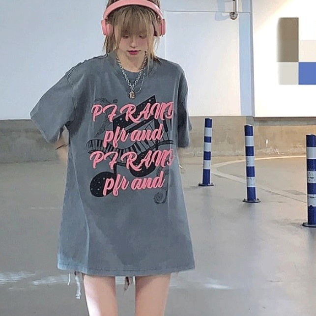 グラフィック Tシャツ レディース 韓国 ファッション ビッグシルエット  コットン T ロゴ プリント オーバーサイズ 夏トップス