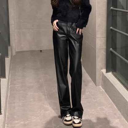 フェイクレザー パンツ レディース 韓国 ファッション エコレザー 黒パンツ トレート レザーパンツ