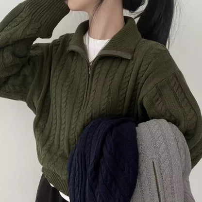 ハーフジップ ケーブル ニット レディース 韓国 ファッション  ケーブル編み オーバーサイズ セーター 無地 おしゃれ 冬 トップス