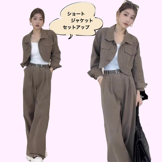 クロップジャケット セットアップ レディース 韓国 ファッション ロングパンツ ベルト付き シャツジャケット カジュアルスーツ 大人