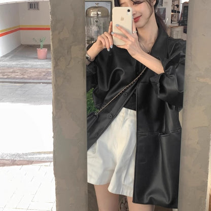 フェイクレザー ブルゾン レディース 韓国 ファッション エコレザー ロングジャケット オーバーサイズ 春 アウター