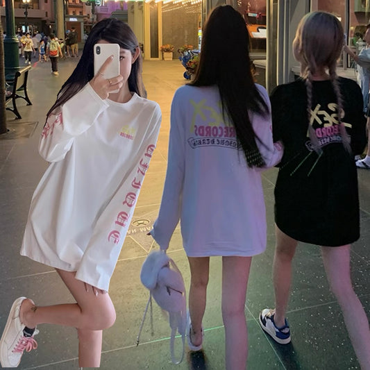 サブカル ロゴ プリント ロンT レディース 韓国 ファッション ストリート 袖ロゴ バックプリント オーバーサイズ ロングTシャツ