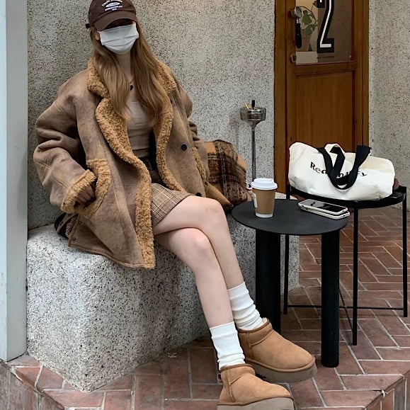 フェイクムートン ジャケット コート レディース 韓国 ファッション 暖 防寒 アウター 内ボア ミドル丈 コート