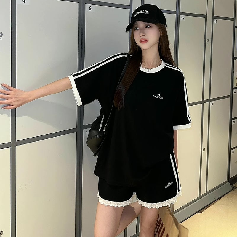 セットアップ レディース Ｔシャツ ハーフパンツ 上下セット 韓国 ファッション ロゴ オーバーサイズ ラインTシャツ ライン ショートパンツ 上下セット