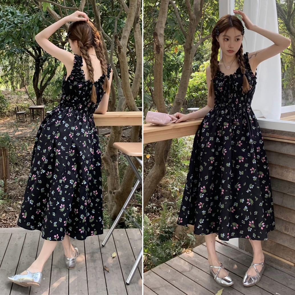 ✖︎ ルネ 花柄 ワンピース Aライン リボン ノースリーブ ブラック 黒 S 花柄 ノースリーブ 夏 ワンピース 韓国 ファッション レディース A