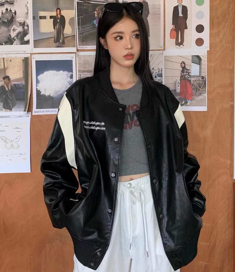 エコレザー スタジャン レディース 韓国 ファッション レザージャケット バイカラー オーバーサイズ フェイクレザー ブルゾン
