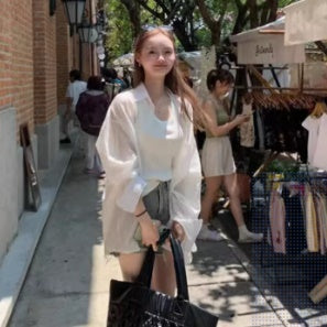 カバーアップ シャツ レディース 韓国 ファッション 夏  オーバーサイズ 薄手 長袖 白シャツ