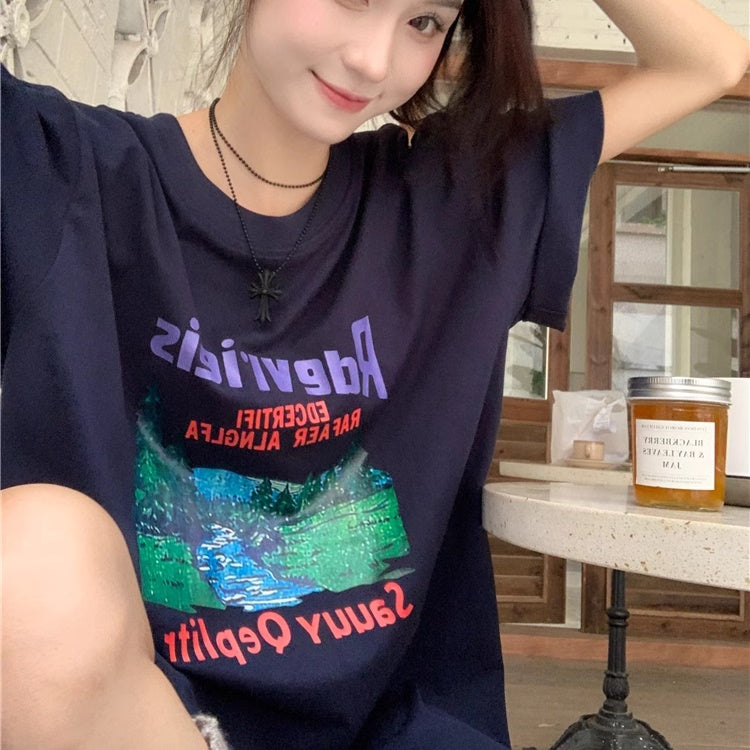 Tシャツ レディース プリント グラフィック T 韓国 ファッション 半袖 夏トップス ビッグシルエット