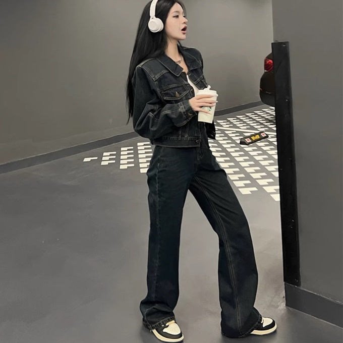 デニム セットアップ レディース 韓国 ファッション ベーシック レギュラーフィット デニムジャケット & パンツ 上下セット